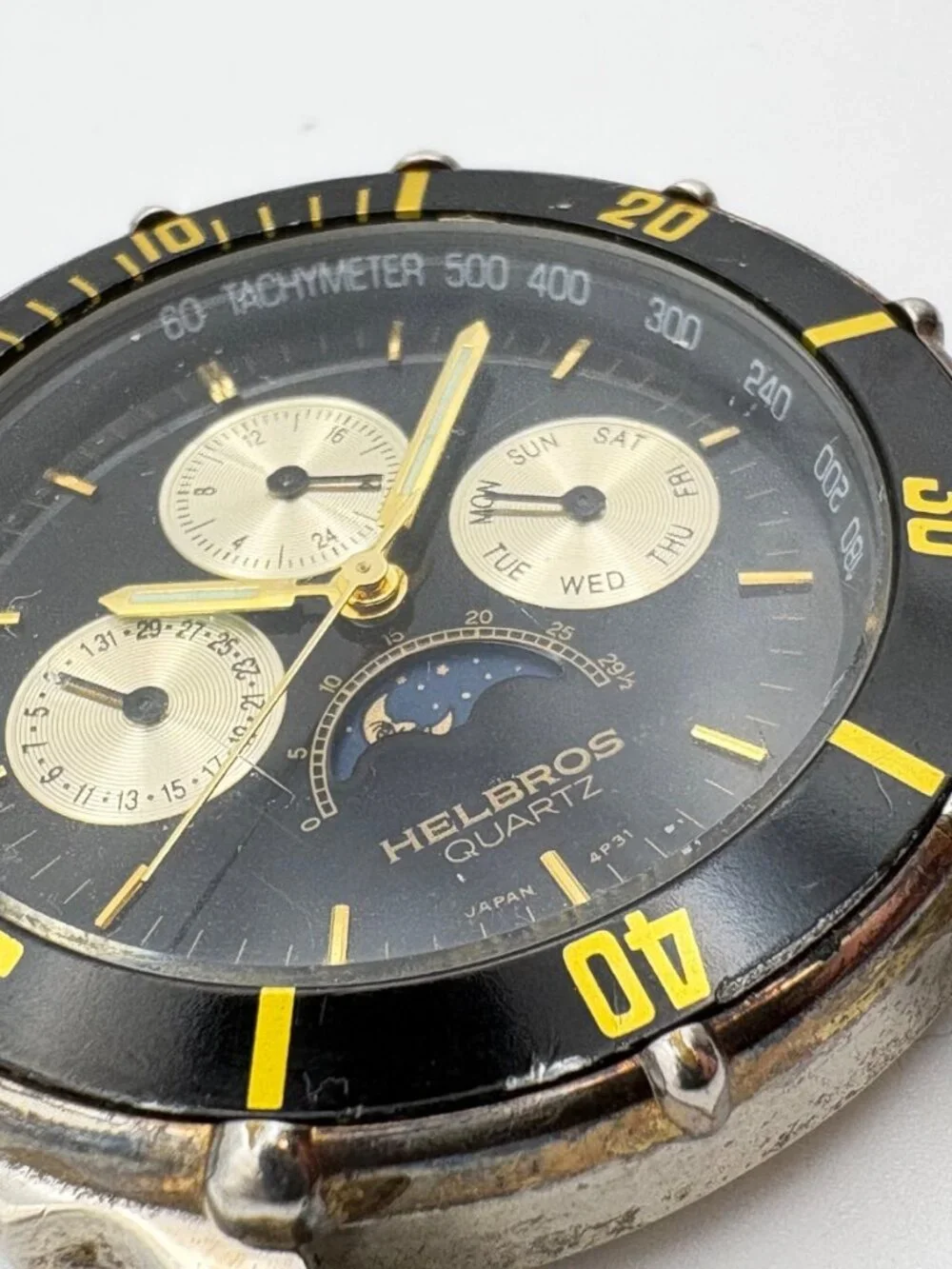 Helbros Quartz Moonphase Watch Head 38mm Diver Bezel Subdials Vintage 9301 4P31